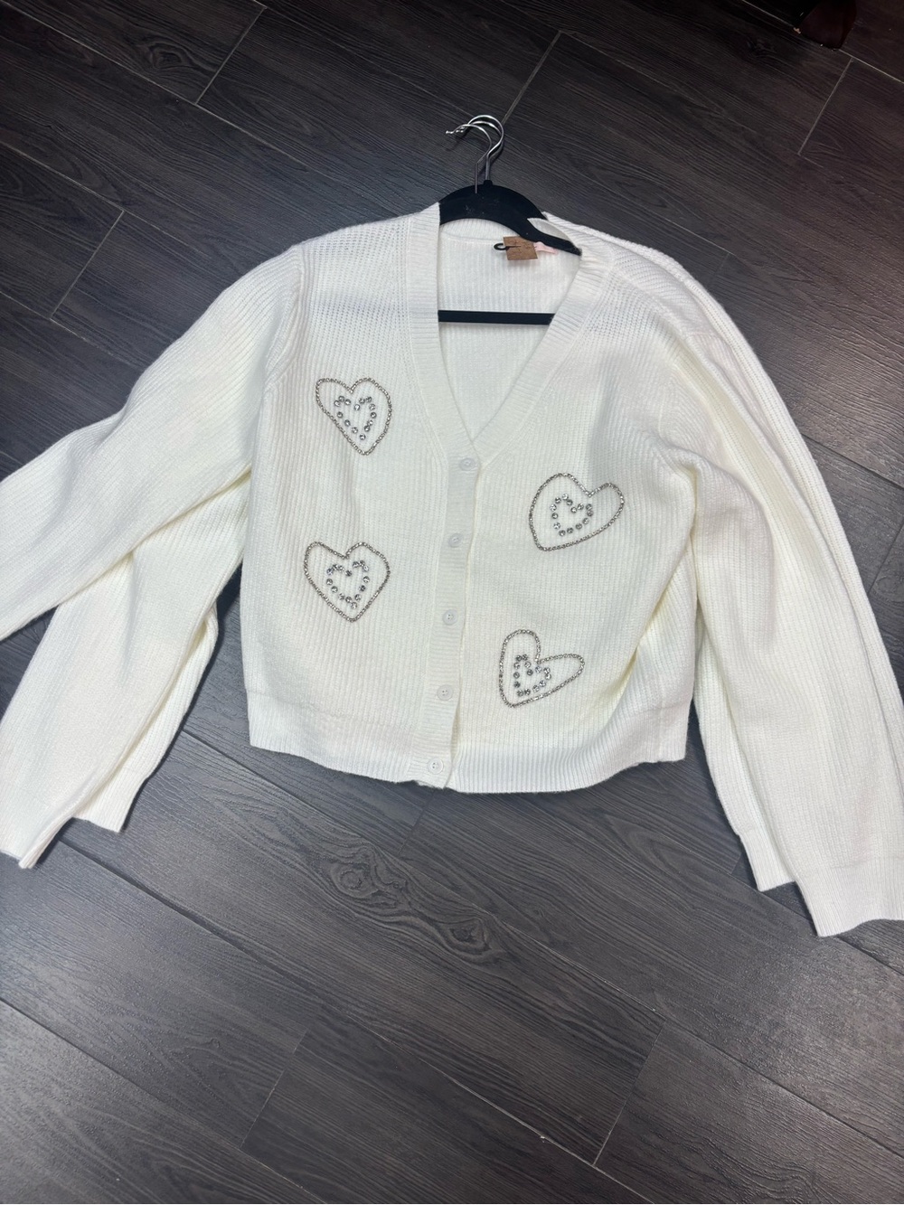 White Heart-Appliqué V-Neck Cardigan Sweater
